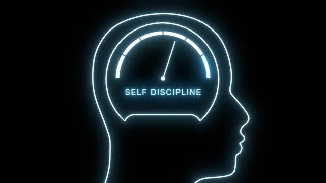Self discipline meter inside human head showing a high level. Concept of hard work leading to achievement. mental health, self improvement, motivation and time management. Dynamic increasing gauge.
