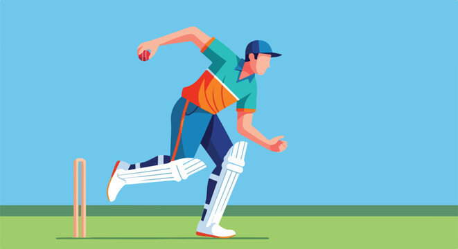 A cartoon image depicting a cricket bowler running towards the stumps