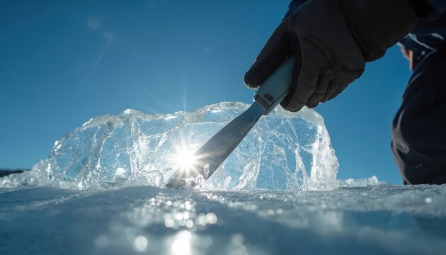 Gloved hand uses chisel to carve clear ice block on sunny day. Sharp tool cuts frozen water creating patterns. Bright sun shines through ice.
