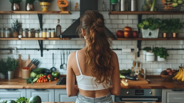 Slender Girl in Workout Clothes in Modern Kitchen