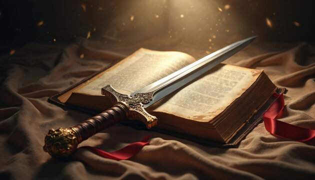 Ornate sword rests on aged open book, light shines from above. Red ribbon adds accent. Represents faith, justice, and divine power. Spiritual concept art.