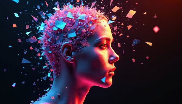 Profile portrait shows face with vibrant neon shards exploding outward. Woman with abstract colorful hairstyle and particles in dark space. Modern creative concept art.