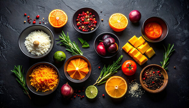 黒い石板の上に並べられた新鮮な食材と多彩なスパイスの俯瞰写真