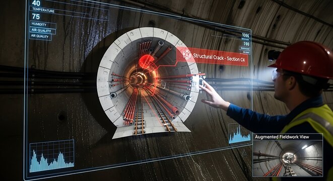 Engineer in a hard hat and safety vest uses a holographic interface to control a tunnel boring machine in an underground tunnel.