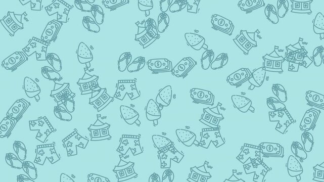 Abstract pattern with circus tents, acorns, and clothing items. Suitable for festive designs, circus promotions, and childrens apparel concepts.