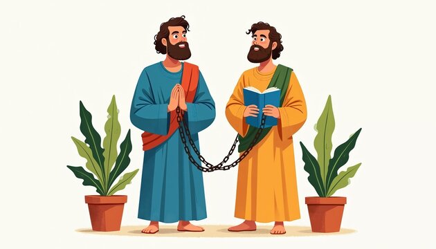 Biblical men Paul and Silas in chains stand together reading scripture. One man prays as other holds open book. Faith and friendship in adversity.