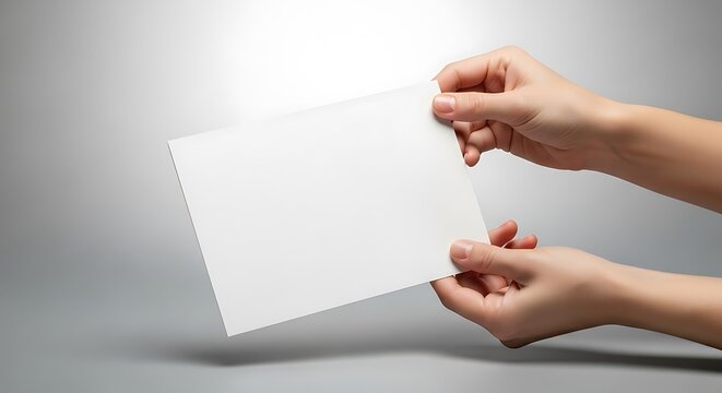 Hands holding a blank white paper sheet in a studio setting.
