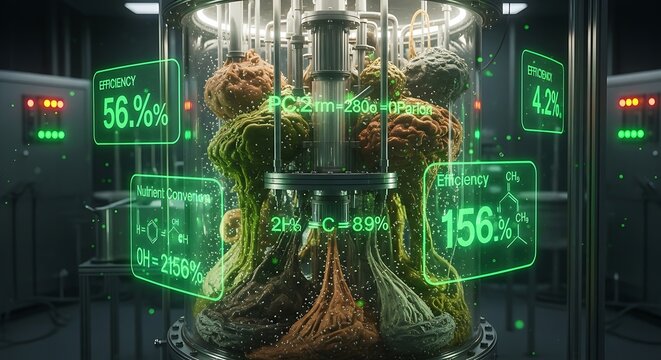 High-tech laboratory setting where a strange, possibly genetically modified organism is being grown in a transparent chamber, with glowing green digital readouts showing various metrics.