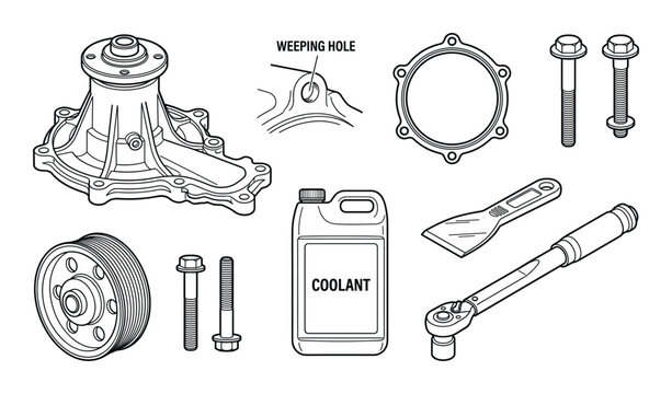 Automotive water pump pulley bolts and coolant with scraper and torque wrench