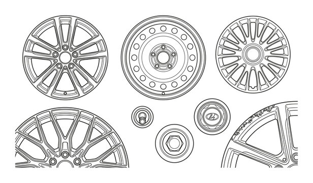 Automotive wheel rims and tire components collection including alloy steel and spoke designs vector