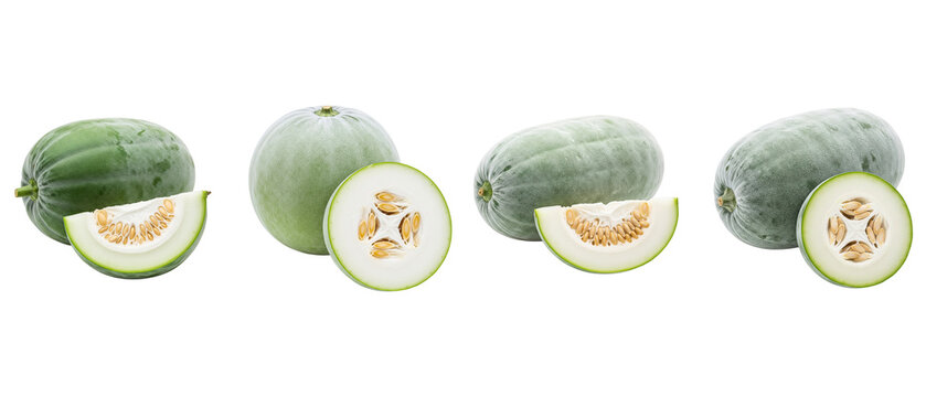 Four whole and sliced green melons on a white background.