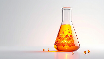 実験室の三角フラスコに入った泡立つオレンジ色の液体のクローズアップ