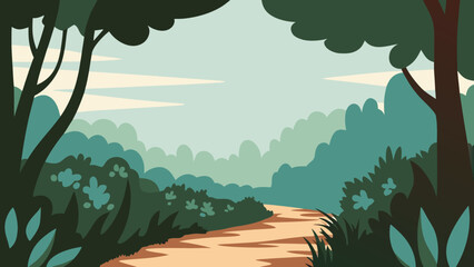 A winding path leads through a stylized lush green forest landscape © PUNNABEGUM