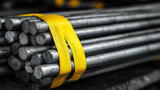 A bundle of steel rods secured with a yellow strap for transportation