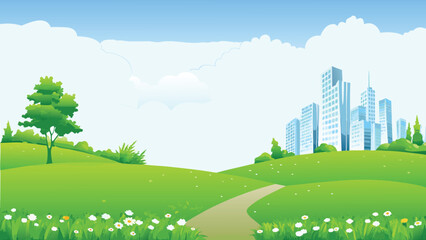 A vibrant cartoon cityscape with green hills and a clear blue sky © PUNNABEGUM