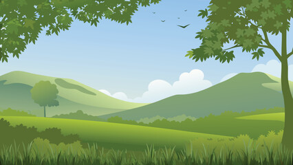 A serene landscape with rolling hills trees and a clear blue sky © PUNNABEGUM