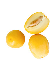 Fresh ripe yellow date palm fruits witth a half in stack in set isolated with clipping path in png...