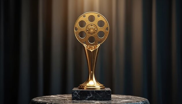 Golden film reel trophy rests on marble base. Symbolizes cinematic success. Used for film industry awards and celebrations. Represents achievement and prestige in moviemaking. True icon of filmmaking.