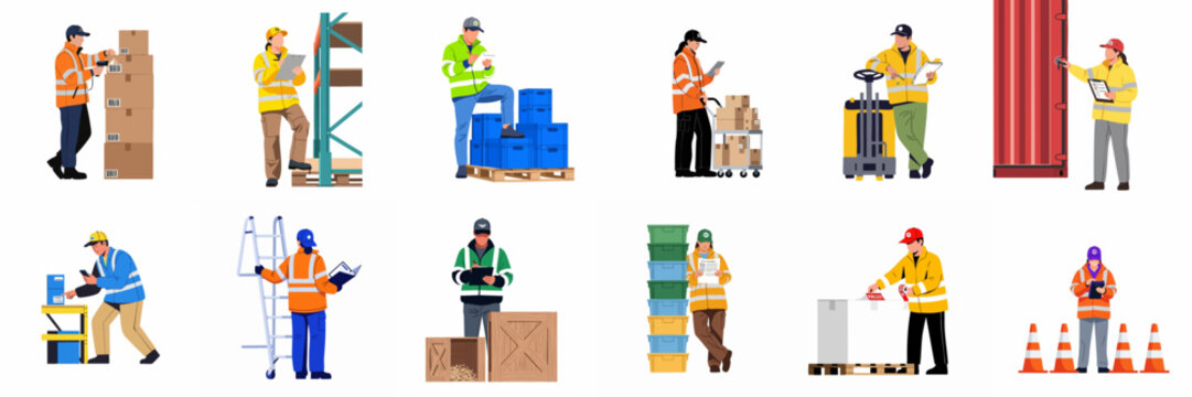 Set of flat vector illustrations depicting warehouse workers in high-visibility uniforms performing various logistics, shipping, and inventory management tasks.