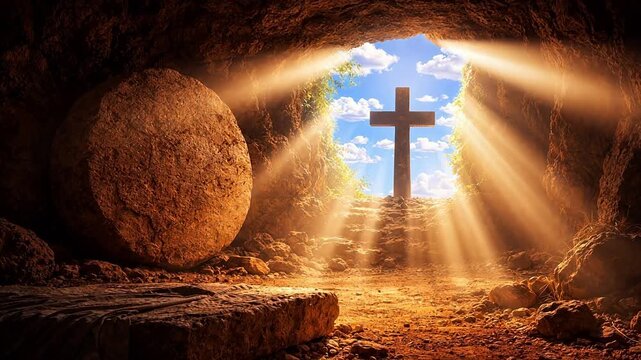 empty tomb with three crosses and sunlight rays, easter resurrection concept, 4k video