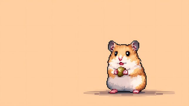 Tiny Pixel Art Syrian Hamster Holding Seed On Warm Background