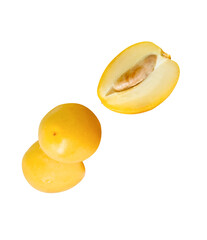 Fresh ripe yellow date palm fruits witth a half in stack in set isolated with clipping path in png...