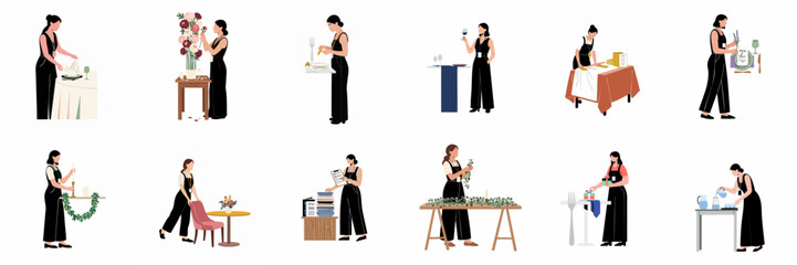 Collection of Women Professionals in Black Jumpsuits Managing Wedding Decor, Floral Arrangements, and Table Settings for an Event.