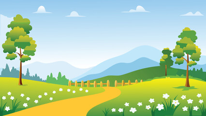 A peaceful countryside landscape with a winding path and distant mountains © PUNNABEGUM