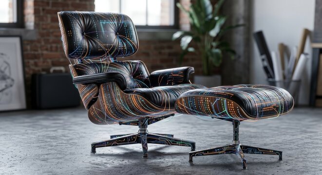 Futuristic Eames Style Lounge Chair with Glowing Data Stream Structure