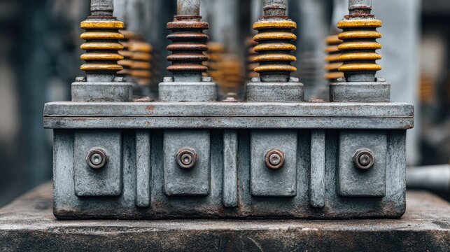 Detailed close-up of industrial switchgear with yellow and silver components in a factory setting showcasing machinery elements