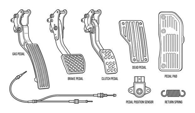 Car foot pedals set including gas brake clutch and dead pedal with position sensor and return spring