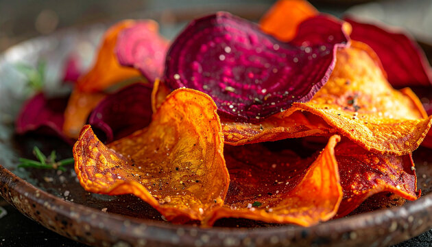 彩り豊かな野菜チップスのマクロ撮影 ビーツとサツマイモ
