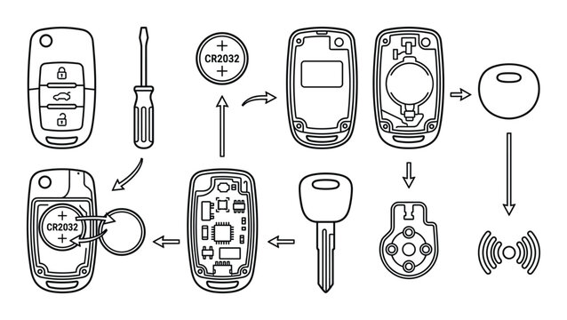 Car key remote battery replacement guide illustration showing electronic components and assembly steps
