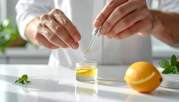 レモンと天然成分を使用した美容液やアロマオイルを調合する専門家の手元