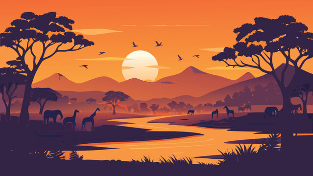 African savanna landscape with silhouetted wildlife during a vibrant sunset
