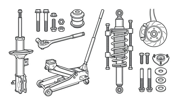 Car shock absorber strut assembly brake caliper and disc with jack and tools
