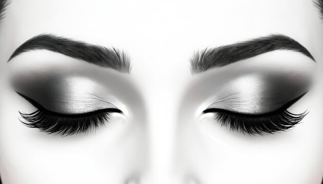 Close up on closed woman eyes with perfect makeup. Long lashes dramatic eyeliner and silver eyeshadow. Eyebrows well shaped and defined look.