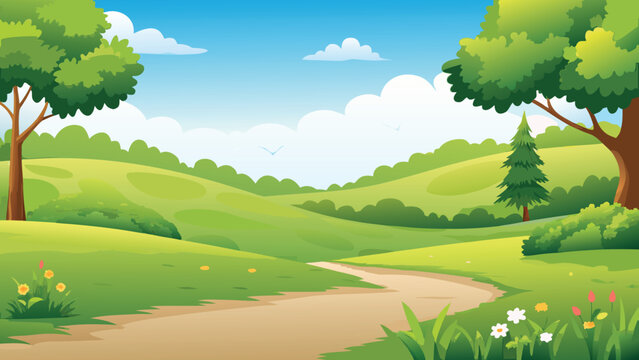 A vibrant cartoon landscape featuring a winding path and lush greenery