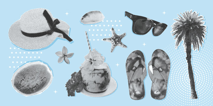 Retro tropical sea collage halftone set with hat, sunglasses, coconut drink, flip flops, palm tree, shell, watermelon, starfish. Summer vacation vector illustration