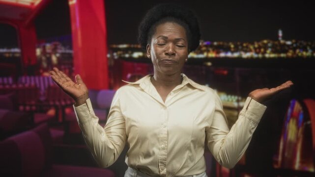 Woman shrugging with palms up and open hands in studio wearing beige shirt and pearl earrings against a neon lounge backdrop; uncertainty questioning.