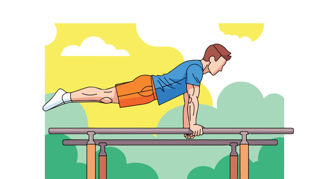 A cartoon man performs a push-up on parallel bars outdoors in the park