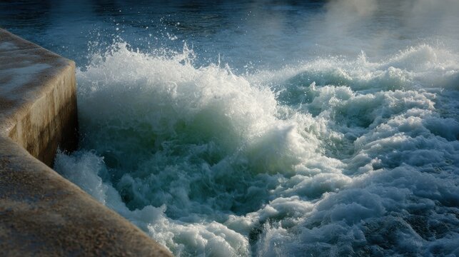 Dynamic Ocean Wave Crashing Against Concrete Breakwater in Golden Sunset Light Showcasing Nature's Power and Beauty