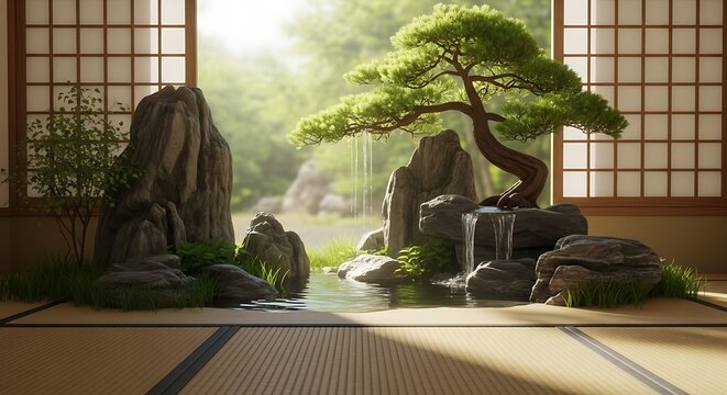 Tranquil Japanese Zen garden scene featuring a meticulously shaped bonsai tree, artfully arranged rocks, and a calm water feature, bathed in soft sunlight.