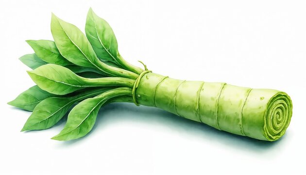 Watercolor illustration shows single fresh wasabi root with green leaves tied together. Vegetable is isolated on white background. Food, plant, spice, health concept.