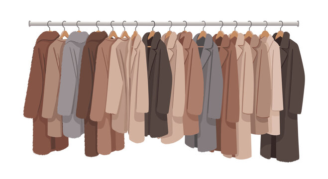 Various long winter coats in earthy tones hang on a metal clothing rack with wooden hangers against a white background.
