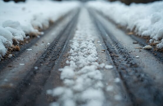 Dirty grey snow slush with tire tracks on city street asphalt. Wet texture shows winter thaw and melting ice. Traffic impacts road surface during cold weather.