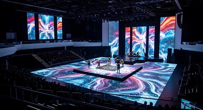 Expansive concert stage illuminated by dynamic LED screens displaying abstract colorful patterns, with performers visible on the central platform.