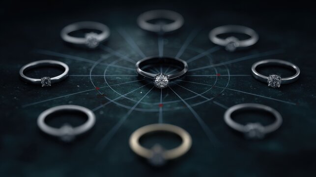 Elegant array of diamond engagement rings on a dark artistic background with an intricate pattern surrounding the center piece