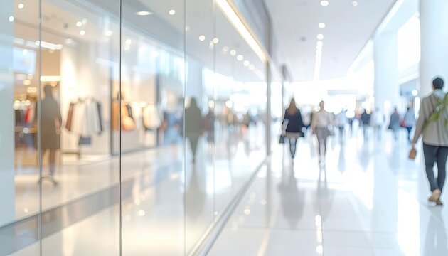 Blurred view of a bright, modern shopping mall interior with people