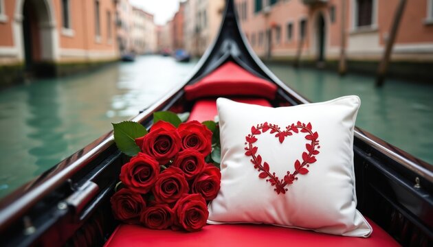 Red roses and heart cushion on a gondola in Venice canal. Romantic Italian vacation scene offers couple intimacy and scenic water tour. Love and togetherness feeling.